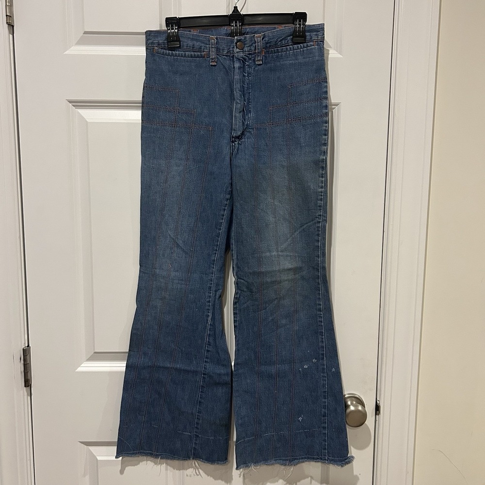 Vintage 70s Wrangler Bell Bottom Flare Jeans High Rise Blue Denim 28x27 FLAW